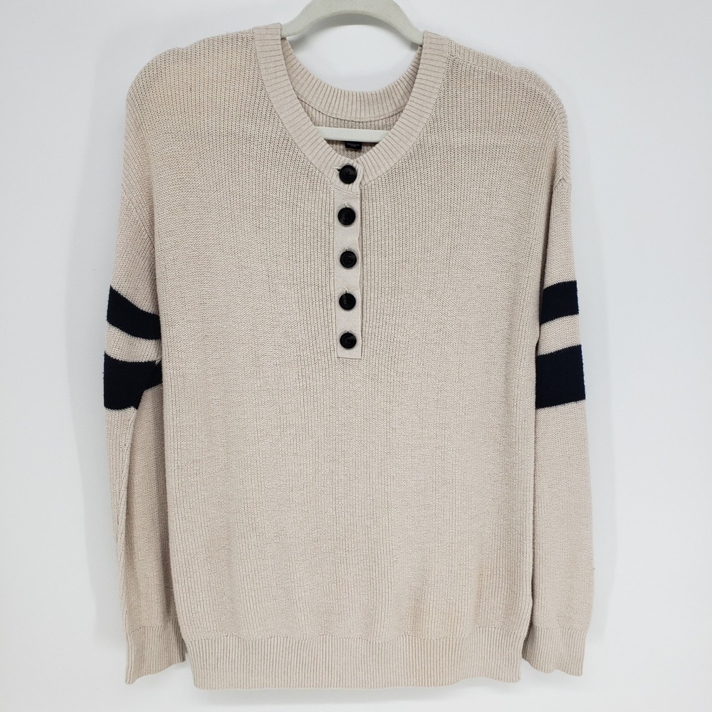 American Eagle Varsity Stripe Henley Sweater Womens Small Beige Navy Pullover